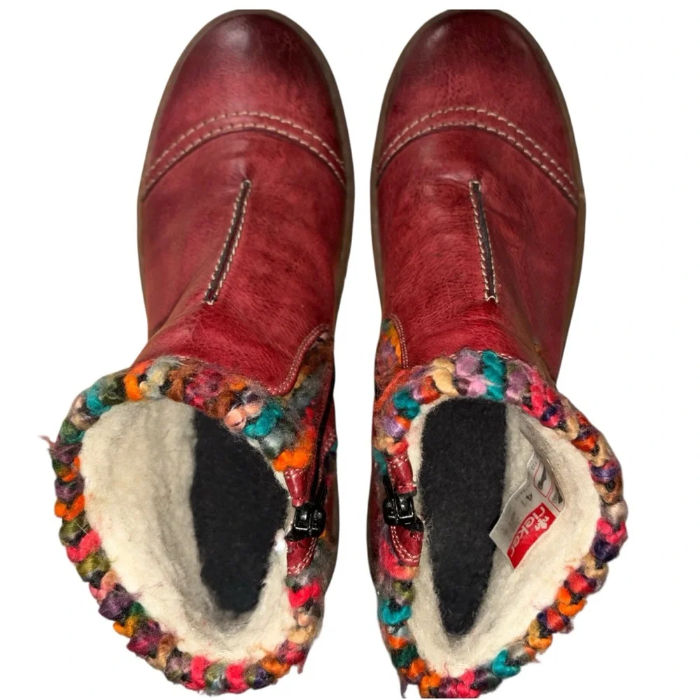 Rieker Felicitas Wine Red Wool Lined Ankle Boots Multicolor Knit EU 41
